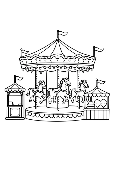 Coloring page of an old-fashioned carousel with painted horses at a fair