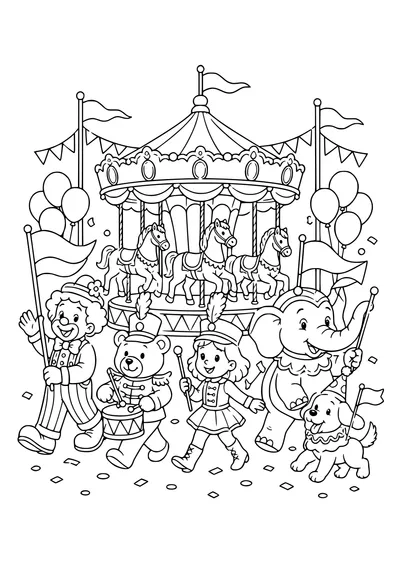 Free printable coloring page fairground parade with rides