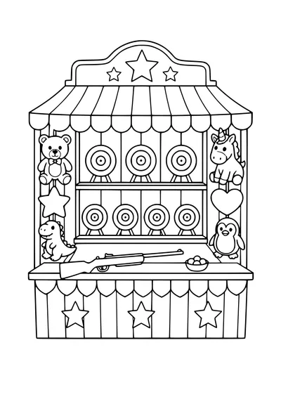 Free printable coloring page fairground shooting gallery with prizes