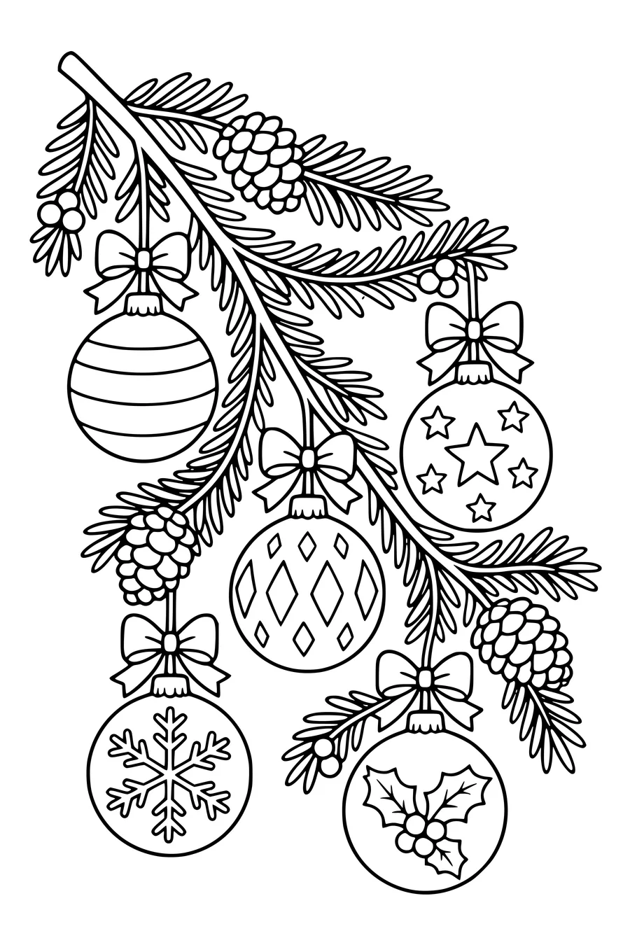 Free printable coloring page of christmas baubles on a fir branch