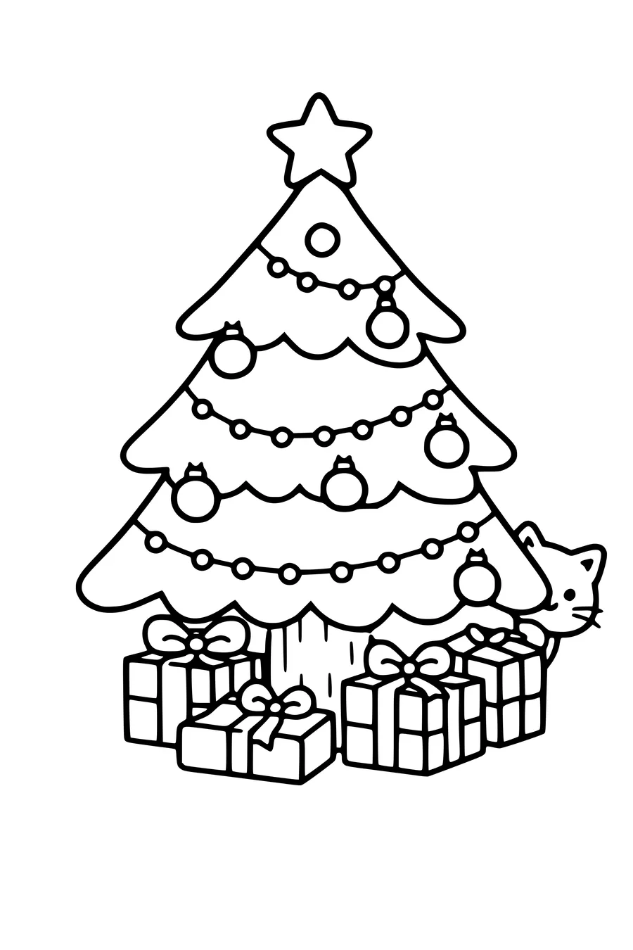 Coloring page of a christmas tree with baubles and presents and a cat
