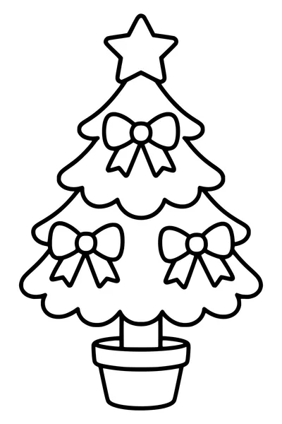 A simple potted Christmas tree has three broad bows and one star topper.