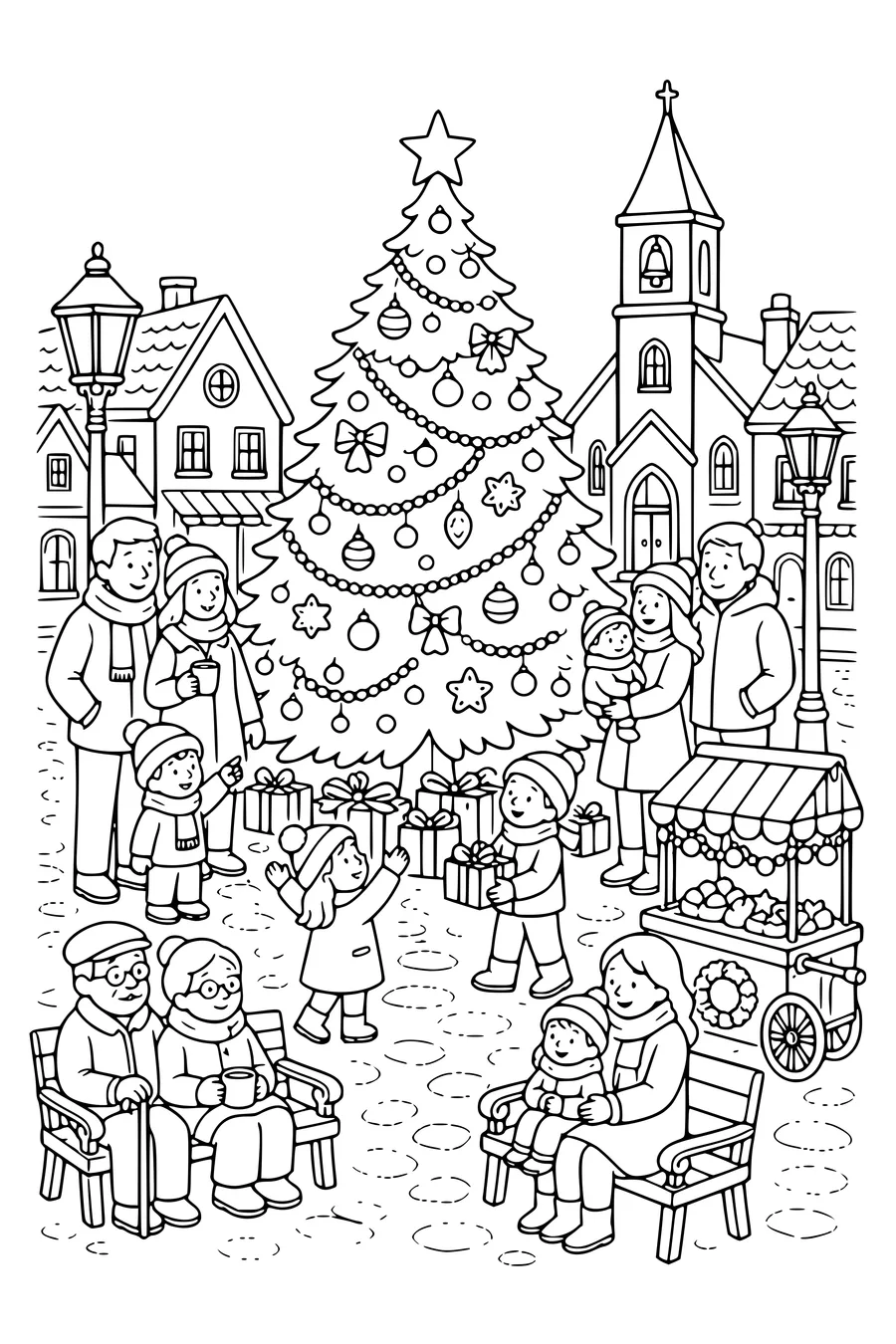 Free printable coloring page of christmas tree in the village square