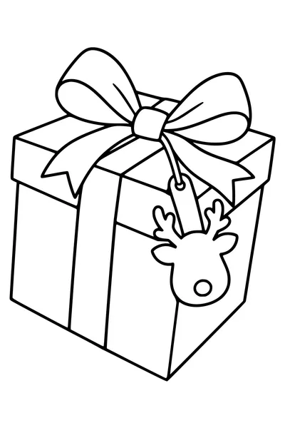 One large Christmas present has a broad bow and an unlettered reindeer-head-shaped tag.