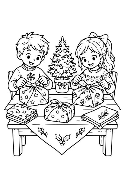 Two children wrap Christmas gifts in reusable cloth squares, broad knots, folded fabric and a small potted fir on the table.