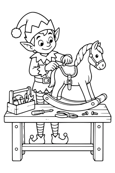 An original Christmas elf attaches a saddle to a wooden rocking horse on a low workbench with neatly placed hand tools.