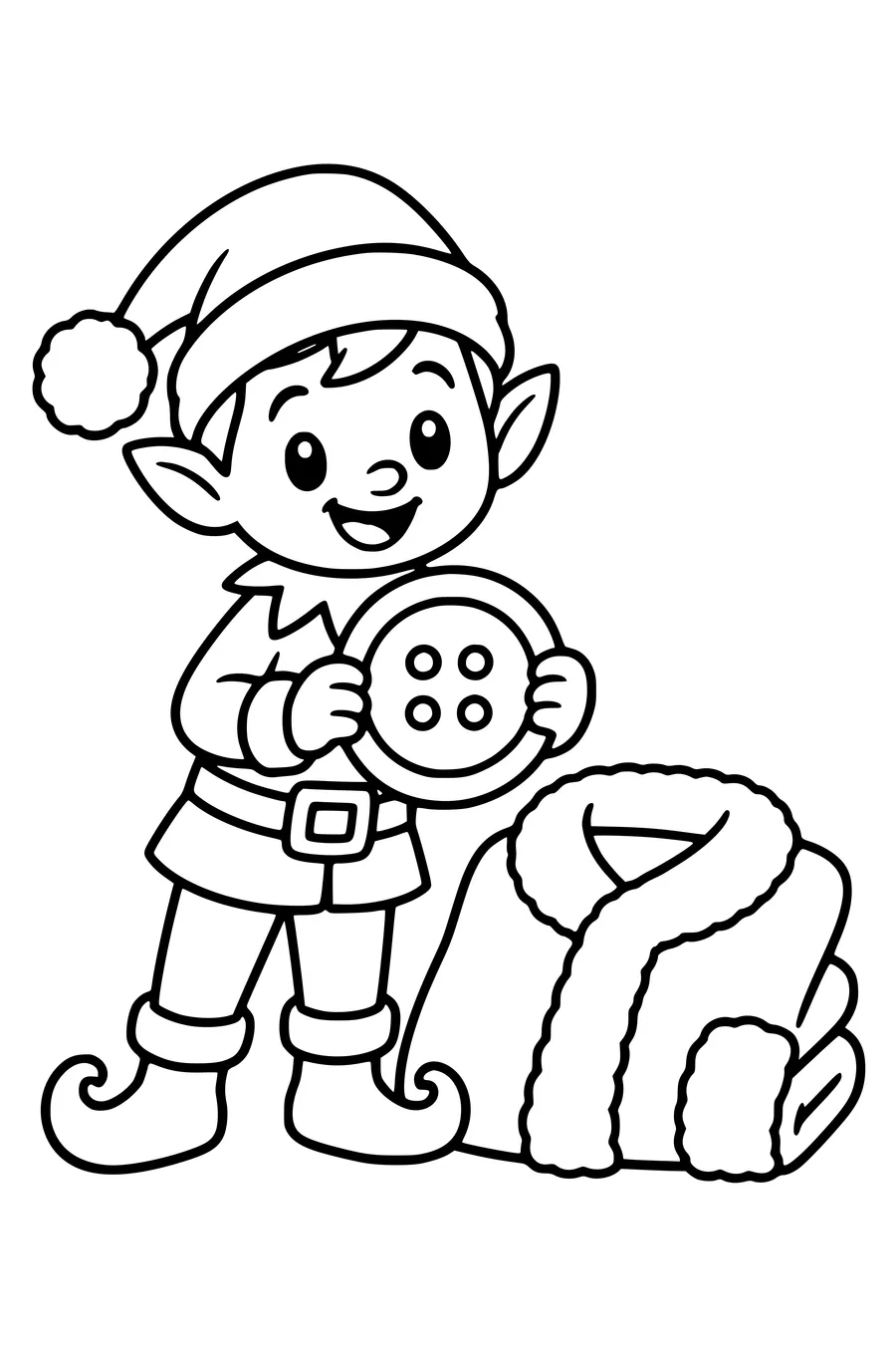 Een kerstelfje houdt een reuzenknoop naast een jas die gerepareerd wordt.