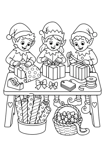 Free printable coloring page of christmas elves wrap presents