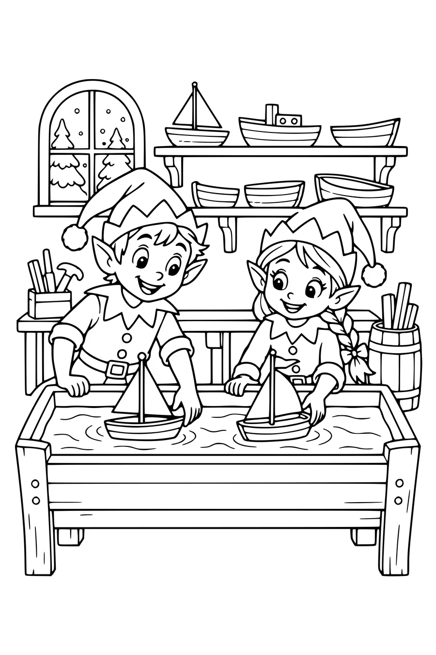Twee elfjes laten houten bootjes varen in een ondiepe werkplaatsbak.