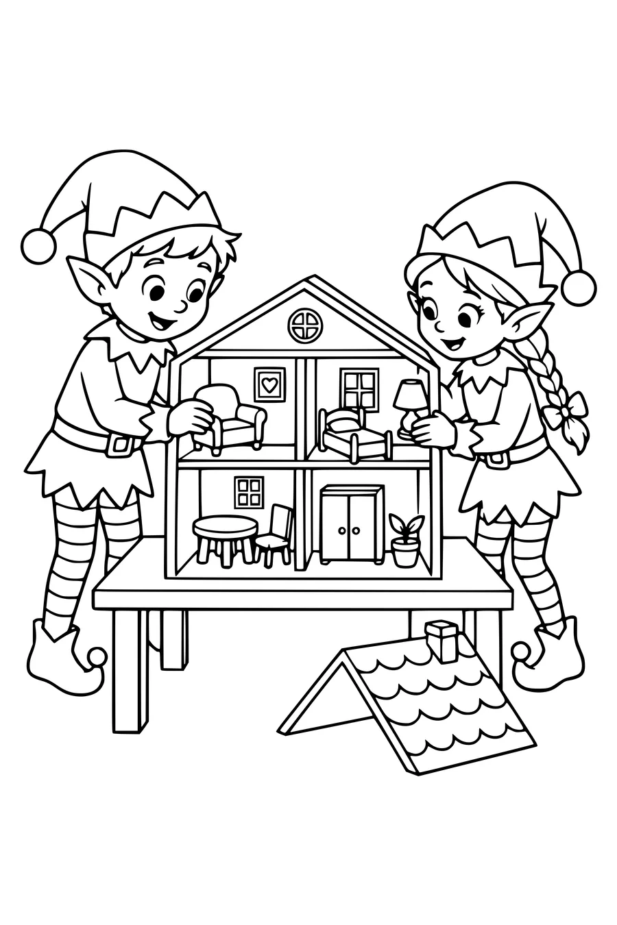 Twee elfjes schuiven meubels in een open poppenhuis op hun werktafel.