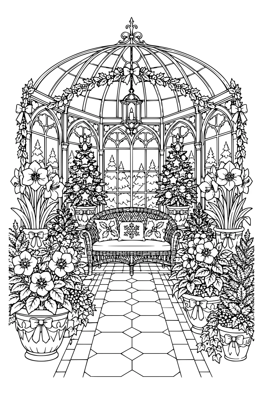 Christrosen, Amaryllis und geschmückte Tannen in Töpfen stehen zwischen Glasgewölben.