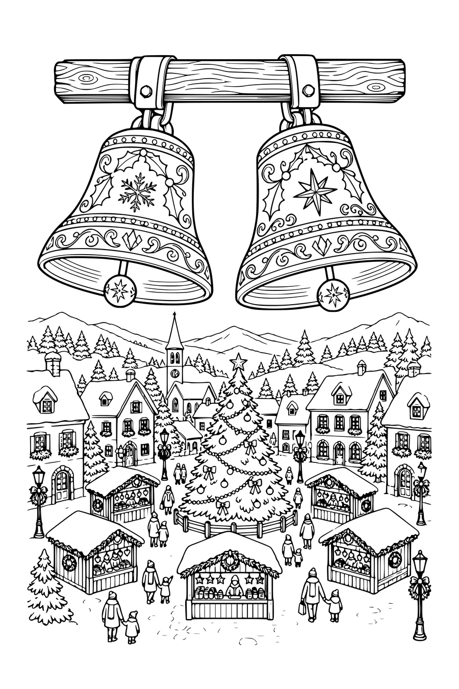 Aus einem Glockenturm sind ein großer Weihnachtsbaum und kleine Marktstände auf dem Dorfplatz sichtbar.