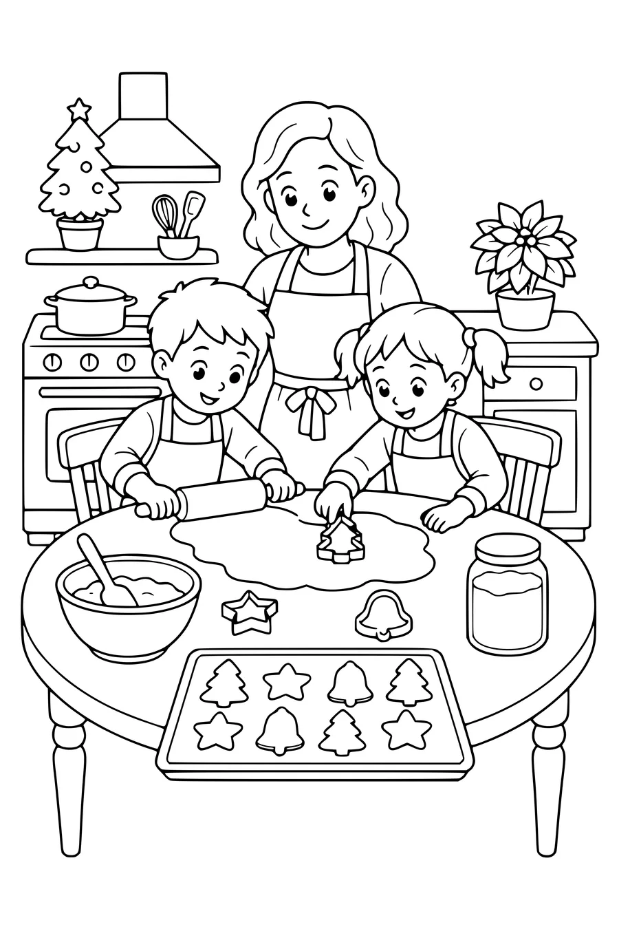 Free printable coloring page of baking christmas cookies