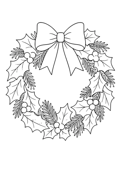 Coloring page of a holly wreath on a panelled door