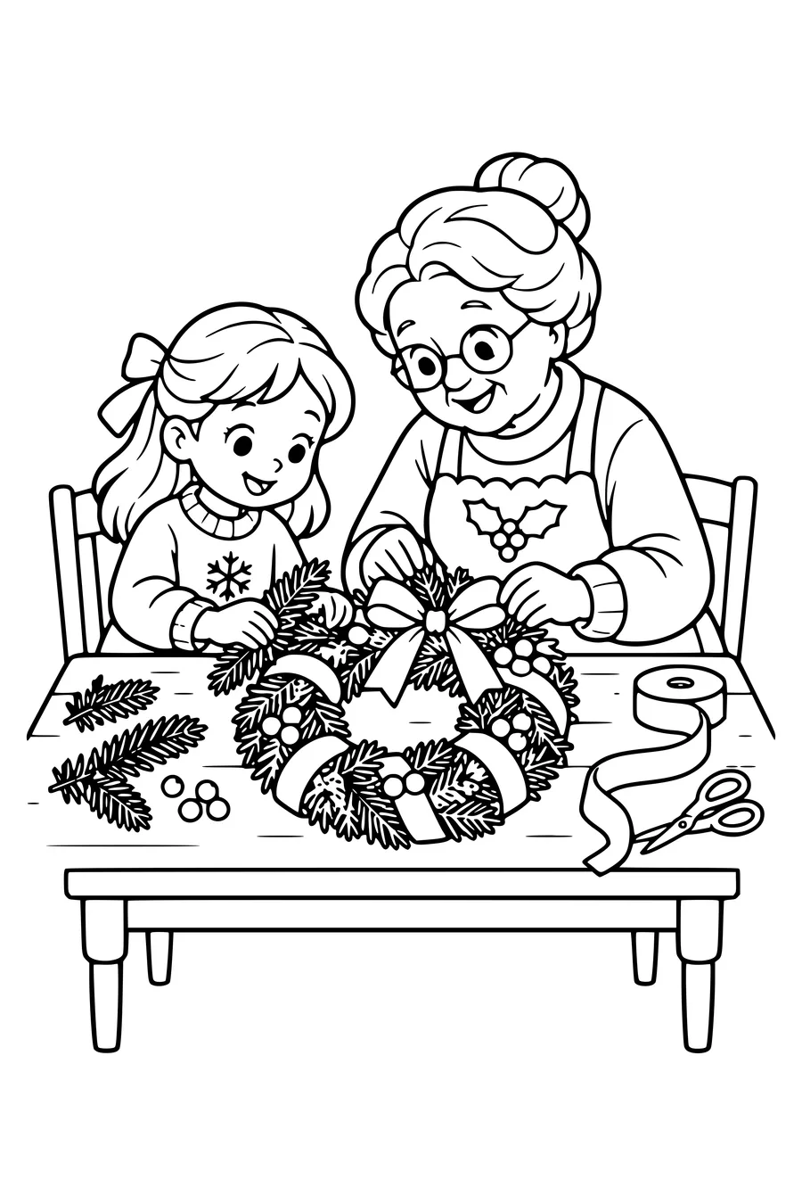 Oma helpt een kind dennentakjes en linten aan een krans te bevestigen.
