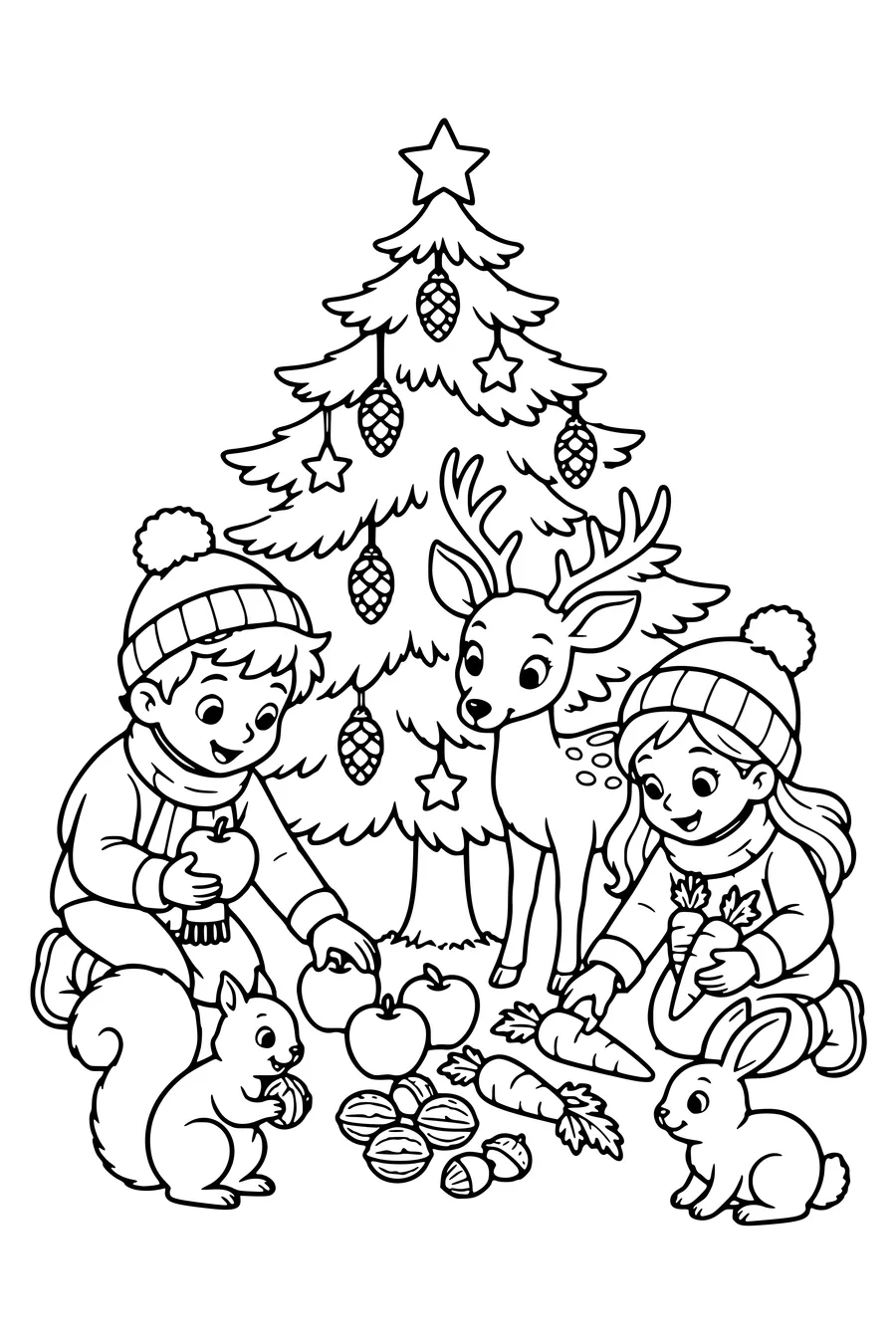Des enfants préparent pommes, noix et carottes sous un arbre décoré pour les animaux de la forêt.