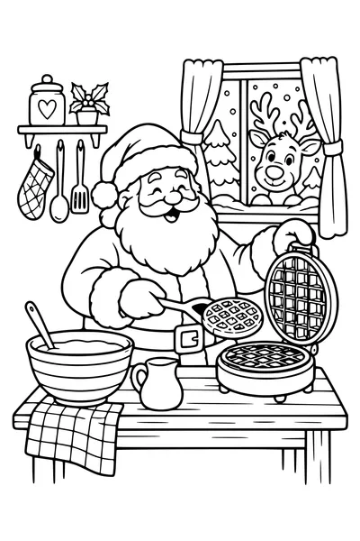 Santa Claus lifts a waffle from a waffle iron in a cottage kitchen while a reindeer watches through the window, bowl of batter nearby.