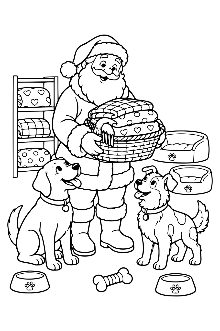 De kerstman brengt een mand met dekens naar twee honden in een opvang.