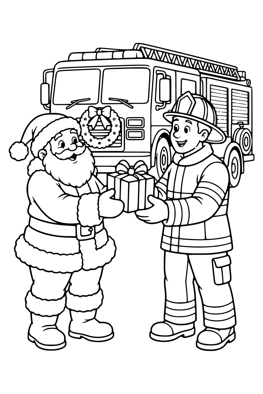 Le Père Noël donne un paquet à une femme pompier près d'un véhicule à l'arrêt.