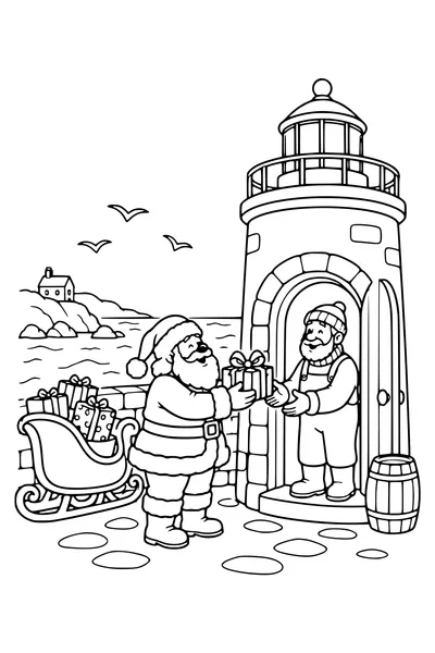 Santa Claus hands a present to a lighthouse keeper at a rounded doorway, his sleigh parked beside a low coastal wall.