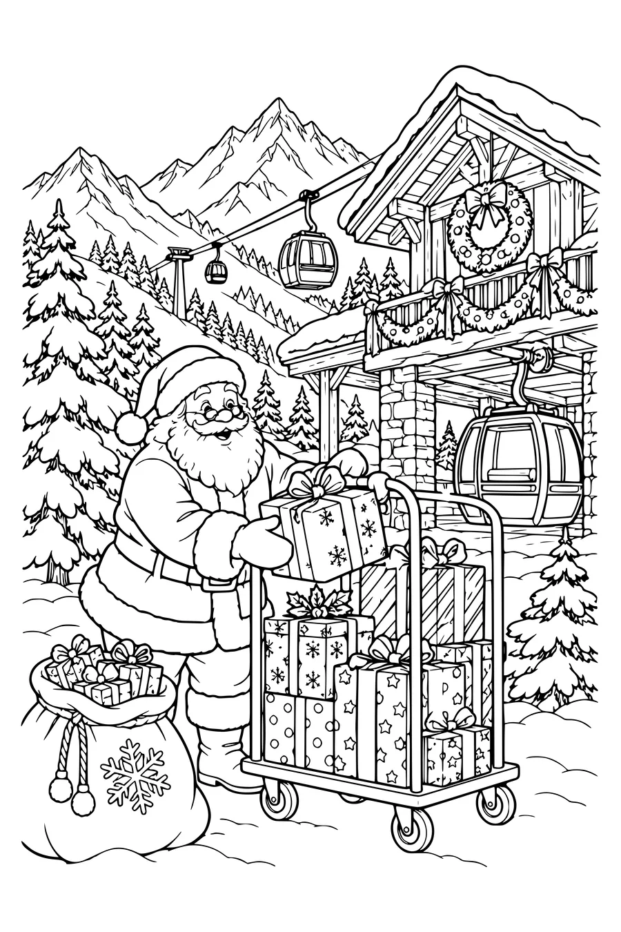 Naast een kabelbaanstation laadt de kerstman zijn pakjes op een bagagekar.