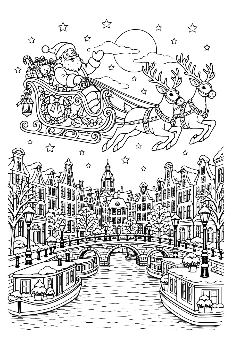Le traîneau vole au-dessus de ponts, péniches et maisons aux façades enneigées.