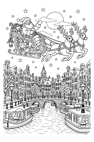 Santa's sleigh with two clearly harnessed reindeer flies above a canal city of bridges, houseboats and snowy gabled homes, outlined stars.