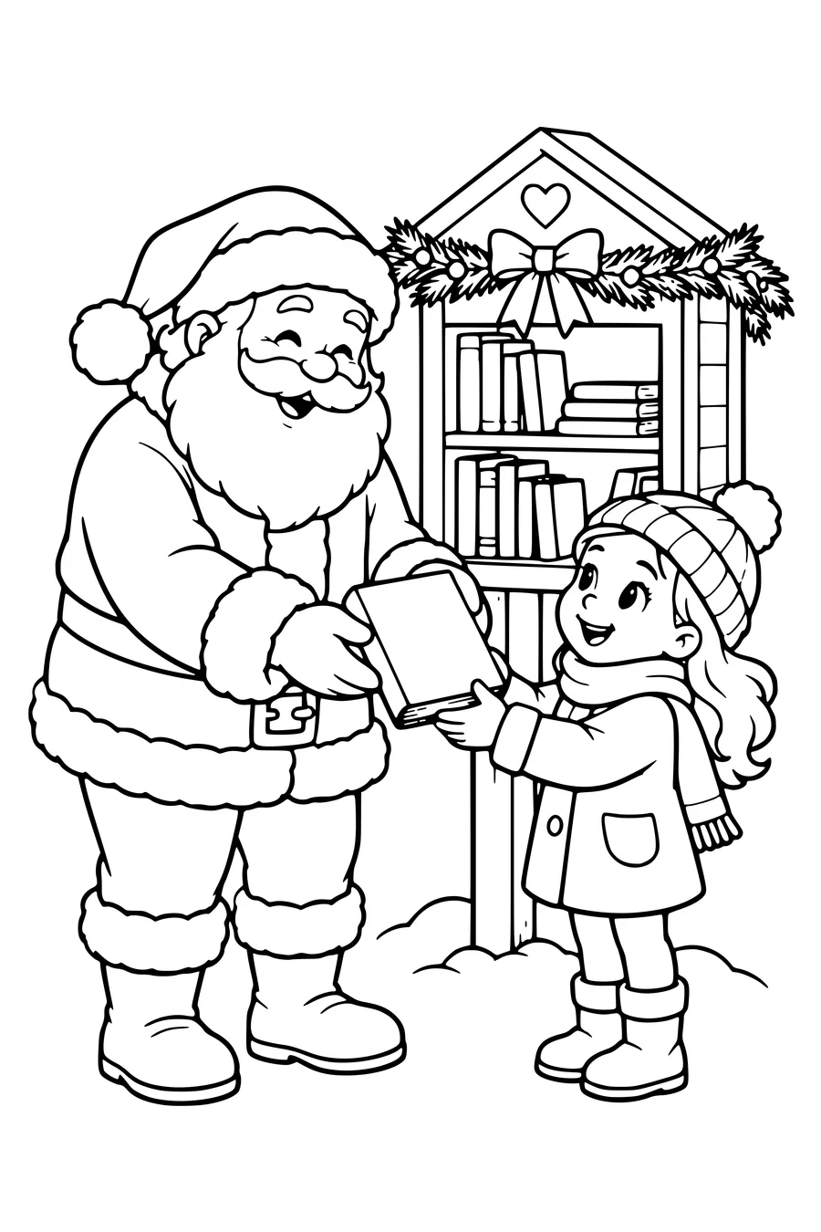 An einem kleinen Bücherregal gibt der Weihnachtsmann einem Kind ein Buch.