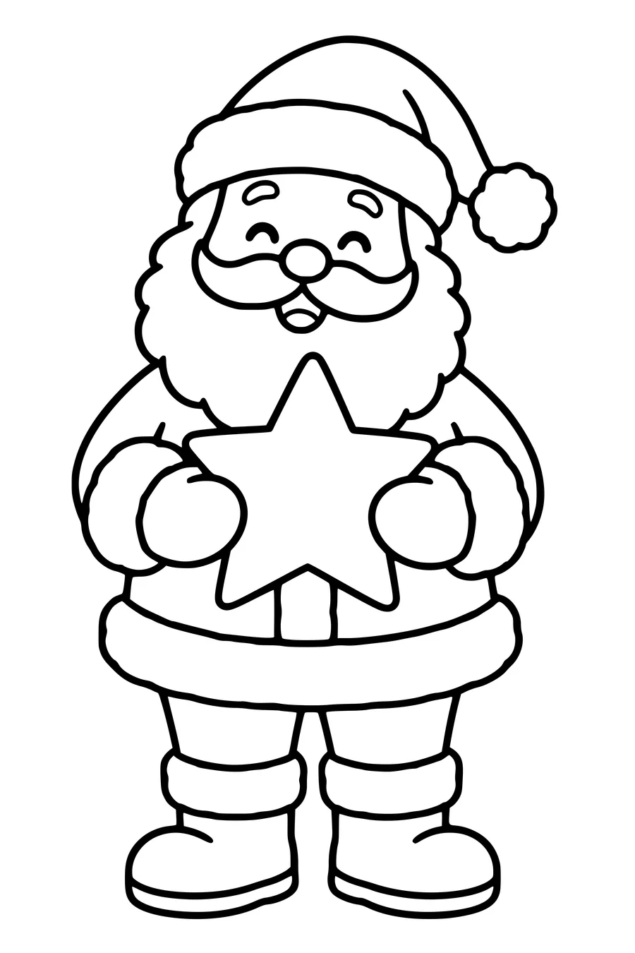 Le Père Noël tient une grande étoile à cinq branches devant son ventre.