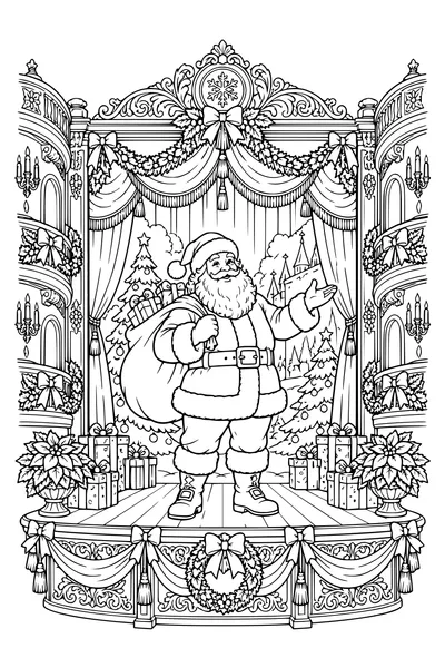 Santa Claus stands on an old opera stage among Christmas scenery, ornate balconies, velvet curtain outlines and carved railings.