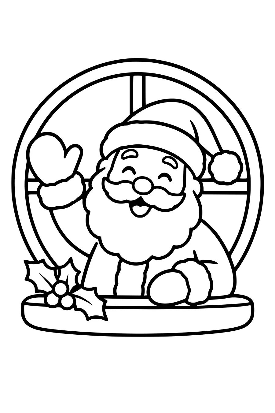 De kerstman zwaait vanuit een rond raam met een eenvoudige vensterbank.