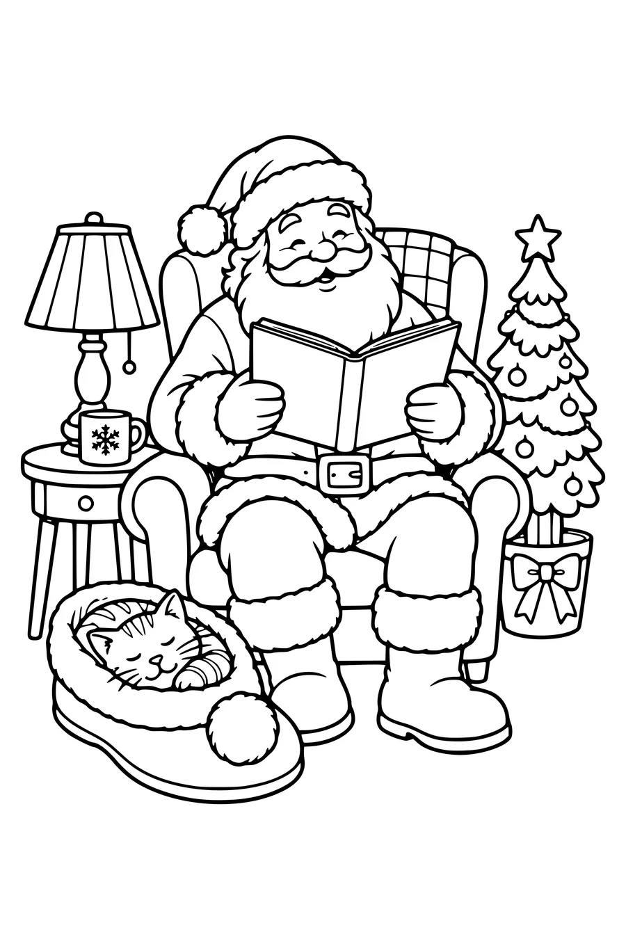 Santa Claus reads an unlettered book in an armchair while a cat sleeps inside one oversized slipper, lamp and small fir tree nearby.