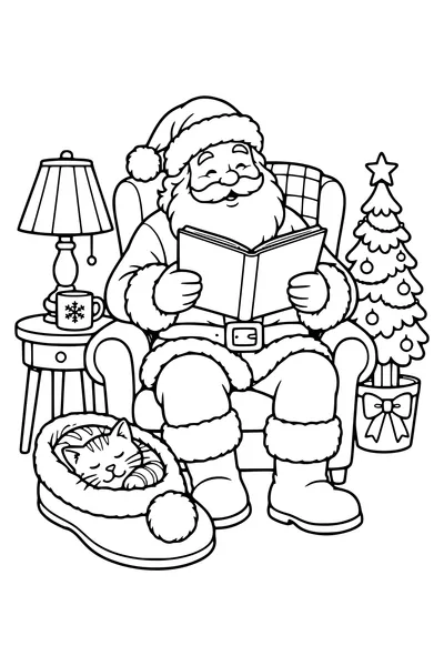 Santa Claus reads an unlettered book in an armchair while a cat sleeps inside one oversized slipper, lamp and small fir tree nearby.
