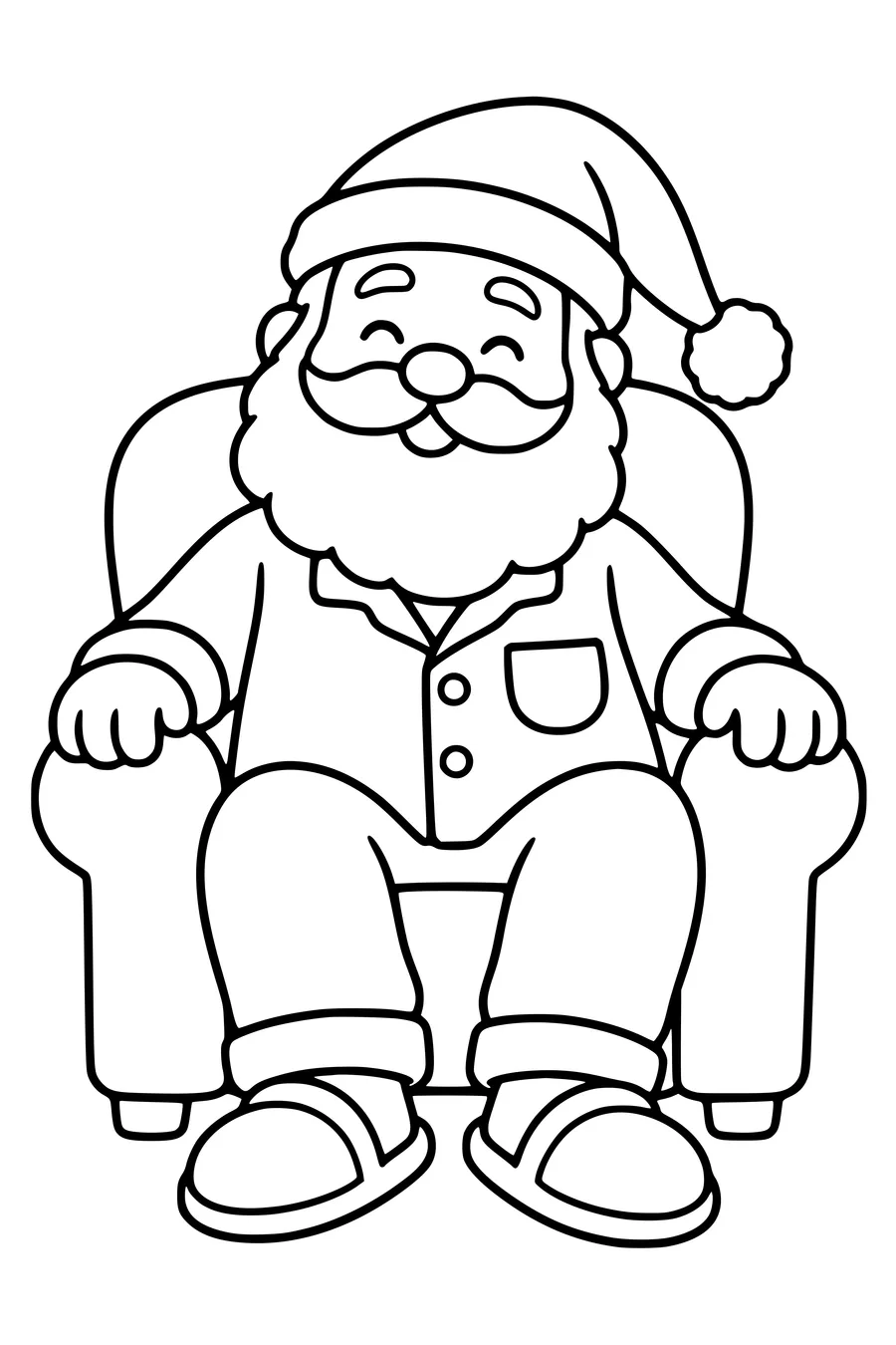 De kerstman zit in zijn pyjama met een grote slaapmuts en pantoffels.