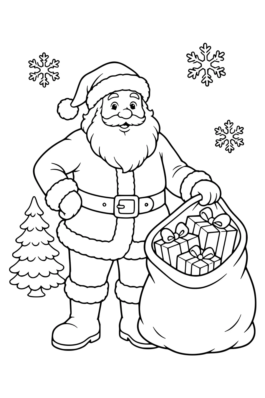 Coloriage imprimable Père Noël avec un sac de cadeaux