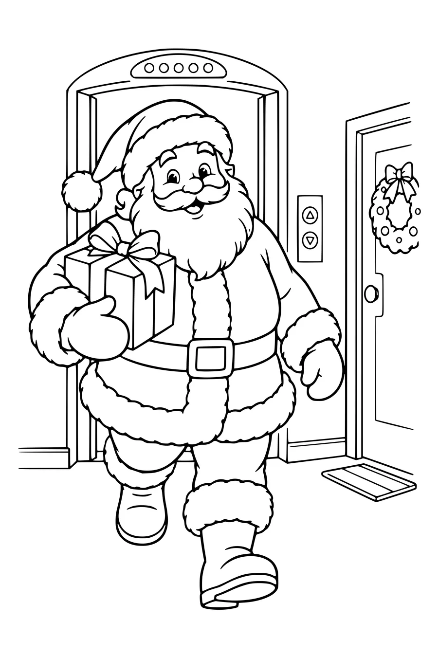 De kerstman stapt met een pakje uit een lift op een versierde gang.