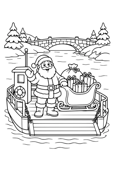 Santa Claus stands beside his parked gift-laden sleigh on a small river ferry, snowy banks and a bridge in the distance.