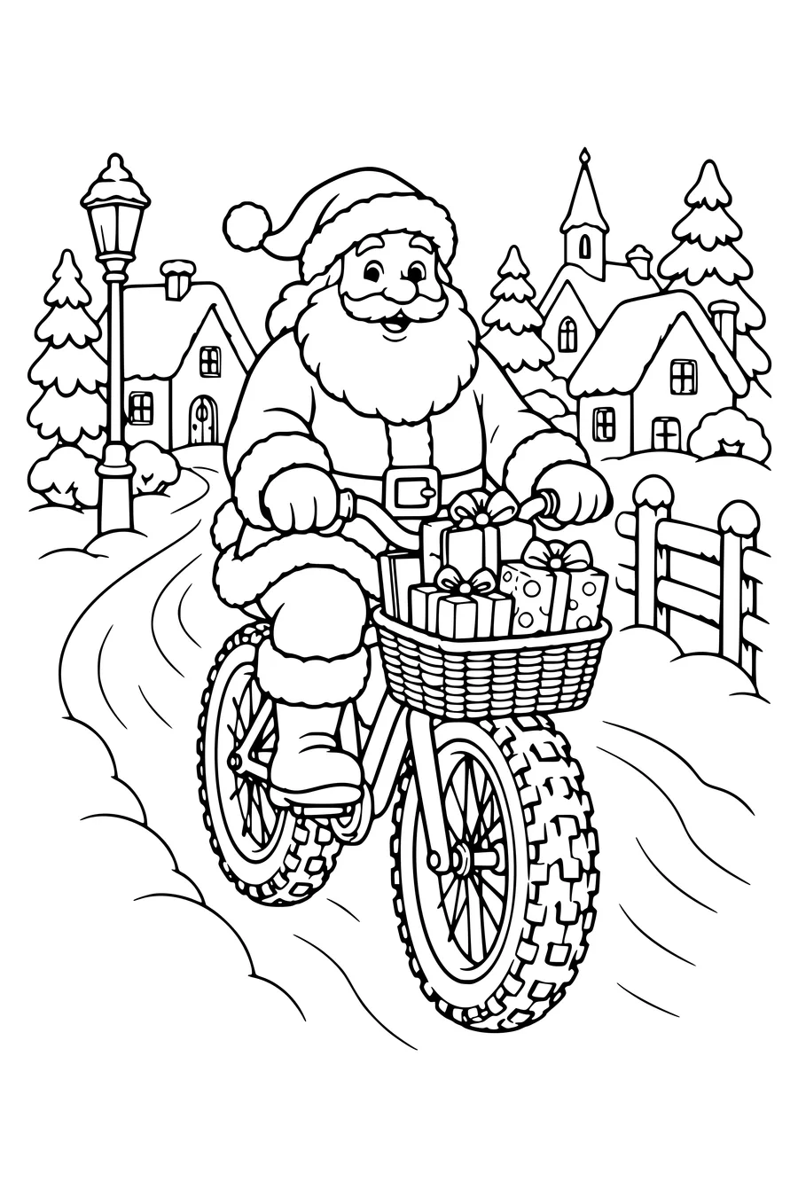 Santa Claus rides a fat-tire snow bicycle with a front basket of wrapped gifts along a snowy village lane.
