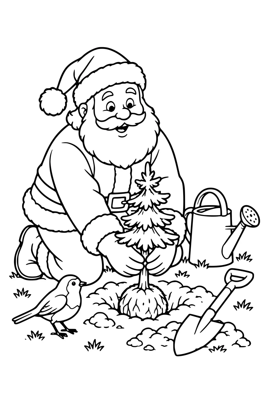 De kerstman zet een kleine den in de grond naast een gieter en schop.