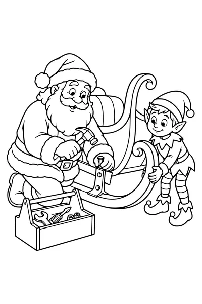 Santa Claus repairs a loose runner on his sleigh beside an open toolbox, an elf holding the other end steady.