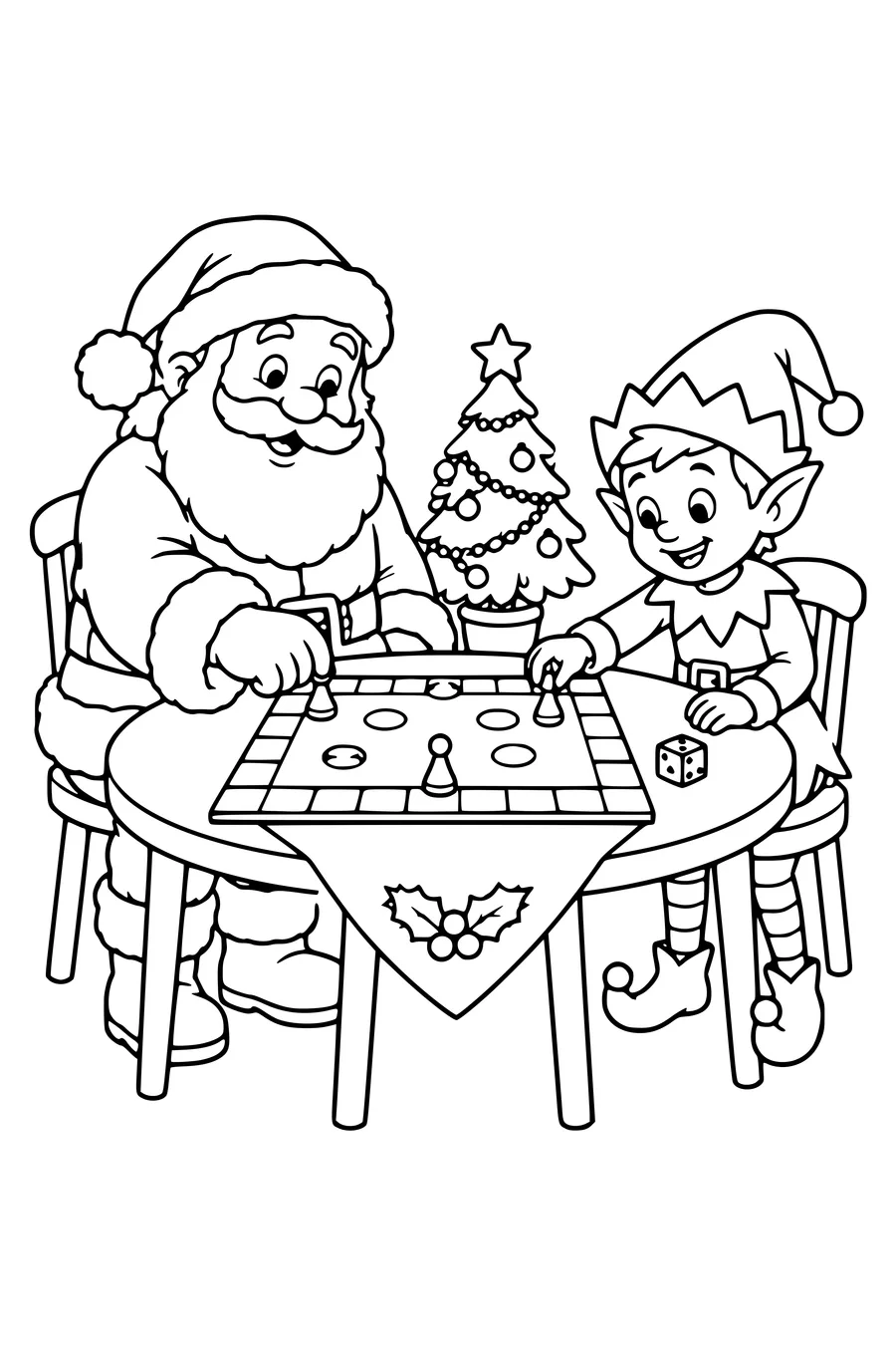 Santa Claus and an original elf move round pieces on a simple unlettered board game at a table with a small Christmas tree.