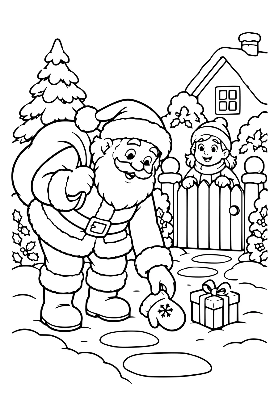 De kerstman raapt een want op naast een klein pakje op een tuinpad.