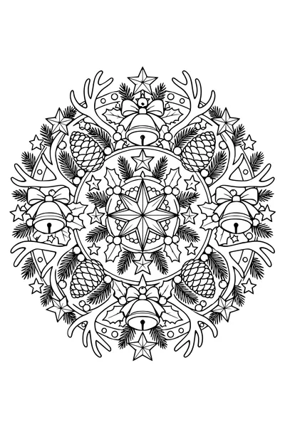 A circular Christmas mandala alternates reindeer antlers, bells, pine cones and stars in balanced radial rings with clear enclosed details.