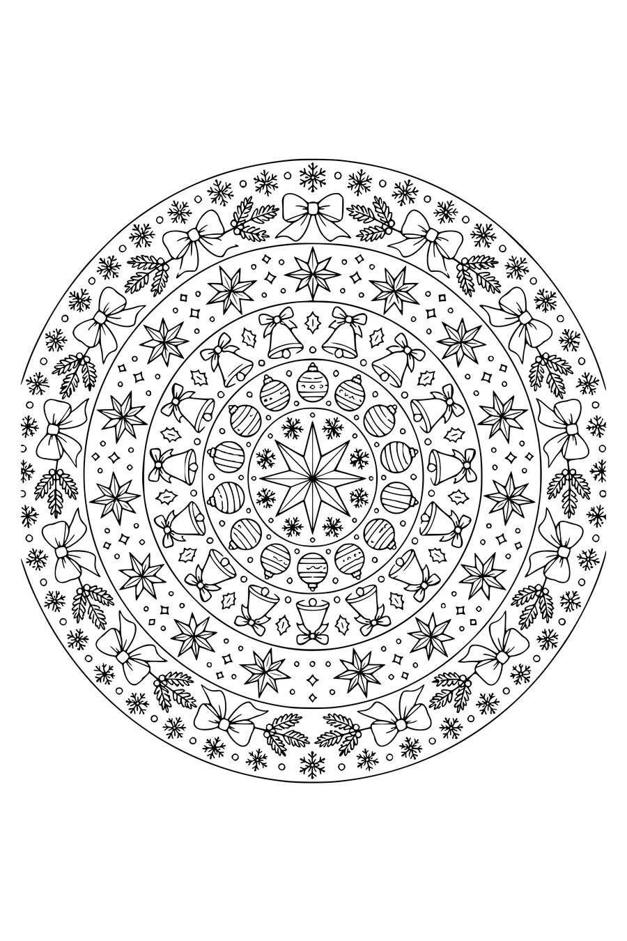 Gratis printbare kleurplaat van kerstmandala met sterren en ornamenten