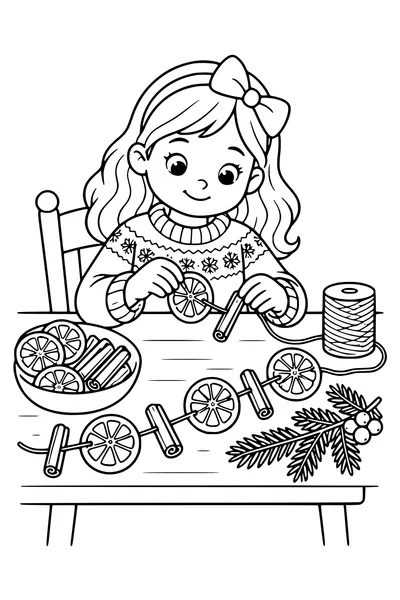A child threads large dried orange slices and cinnamon sticks onto a Christmas garland at a table, fir sprig and string spool nearby.