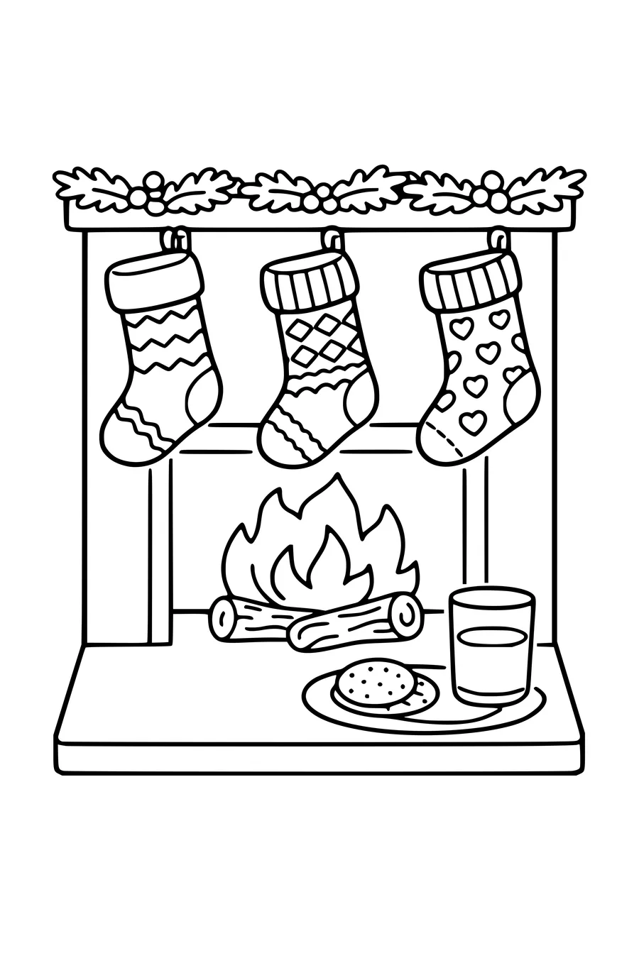 Coloring page of three knitted stockings hanging above a fire