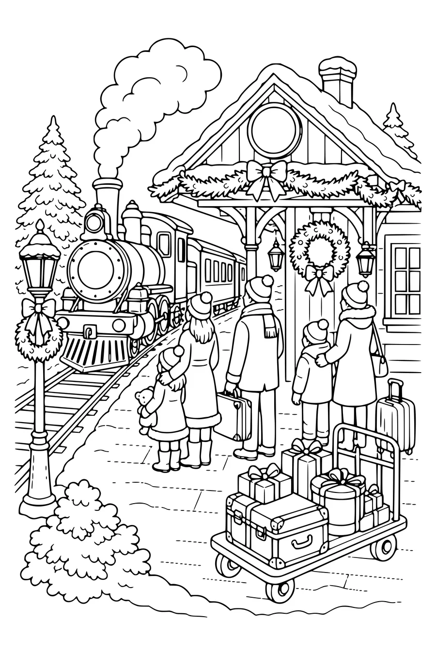 Gratis Ausmalbild Weihnachtsbahnhof im Schnee