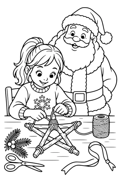 A child's hands tie five broad twigs into a Christmas star at a craft table, twine spool and hanging ribbon clearly visible.