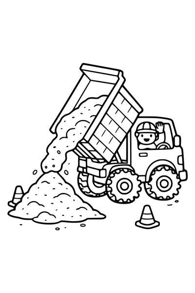 Coloring page of a dump truck tipping sand into a heap