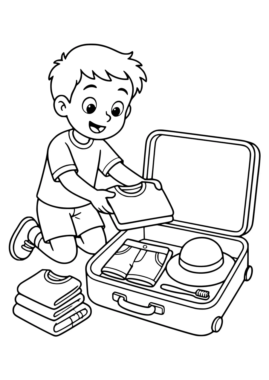 Free printable coloring page of child packs a vacation suitcase
